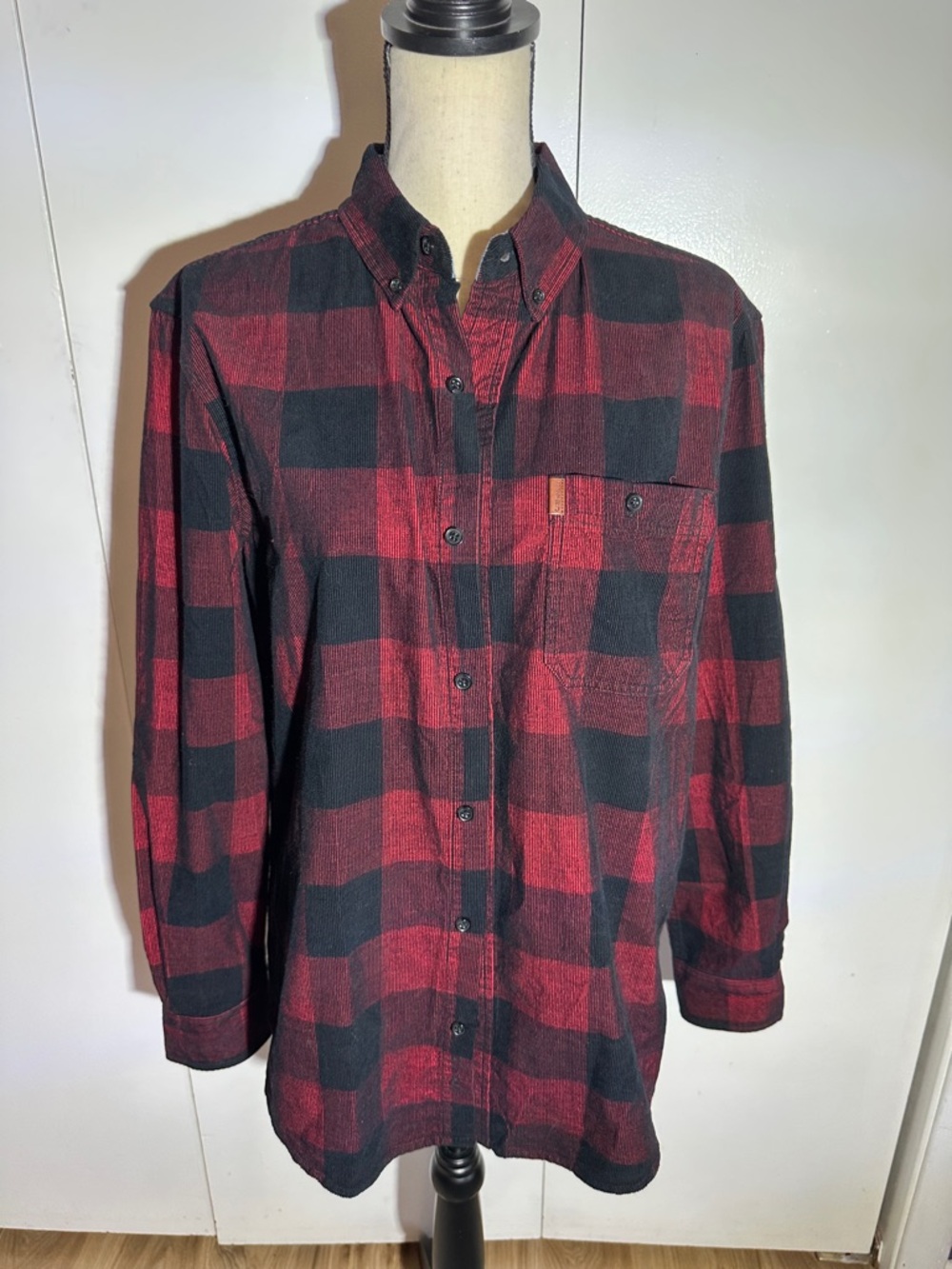 Men's Red and Black Plaid Corduroy Button-Down Shirt